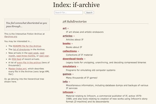 A screenshot of a browser window showing the top-level directories of the IF Archive.