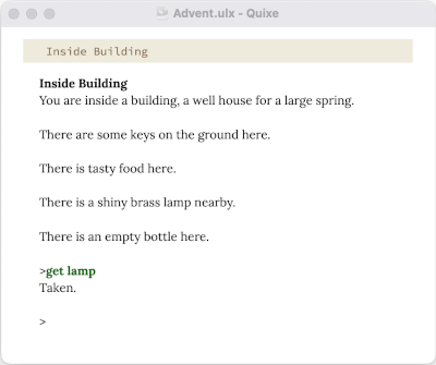 A screenshot of a window showing the opening moves of Adventure.
