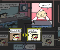 A screenshot of a comic. The ice cream man asks "Yeah?" Jimmy can reply "Chocolate!" or "Vanilla!"