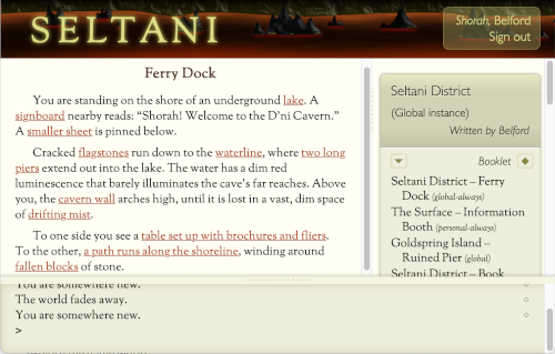 A screenshot of a window. The main pane has a text description of the shore of an underground lake. The side column shows a list of locations, with "Seltani District" at the top.