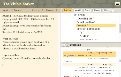 A screenshot of a window. The left pane shows the opening moves of Zork 1; the right pane shows a snippet of ZIL source code and a stack trace.